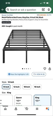 Marco de cama con plataforma de metal, tamaño king, 14 pulgadas de alto, negro— Marca: HLIPHA Foto 1 de 2