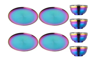 Plate and Bowl Sets, Stainless Steel Rainbow Dishes Bowls Mugs Kitchen Dinnerwar - Picture 1 of 10