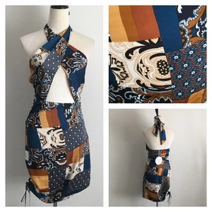 NWT POLLY PRINCESS Womens sz 4 Multicolor Patchwork Criss Cross JENNA Mini Dress - Picture 1 of 10