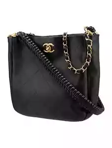 CHANEL Quilted Calfskin Braided Handle Chain Hobo Black Women Handbag - Picture 1 of 19