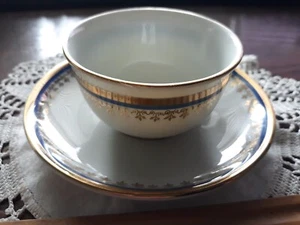 ANTIQUE Fine china DEMI Cup Saucer SET by KAROLIN Poland COBALT BLUE WHITE GOLD - Picture 1 of 13
