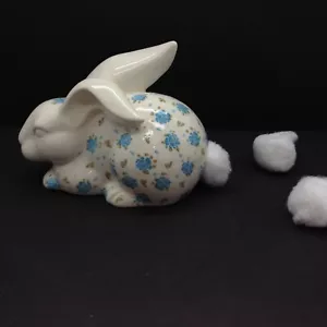 Coniglietto porta palline in ceramica cotone Takahashi Japan fiore blu esce dalla coda - Foto 1 di 11