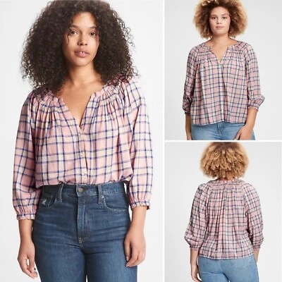 全新带标签 GAP 分领纽扣前上衣 X-LARGE 粉色格子 3/4 袖宽松衬衫 — 第 1/4 张图片