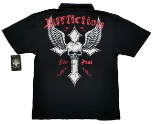 Affliction Polo Shirt DESTRUCTION 2XL NWT Skull Cross Wings Black - Picture 1 of 2