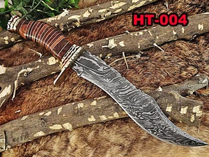 Damascus steel Foot long hunting knife, Sliced rose wood & engraved brass Sheath - Picture 1 of 9