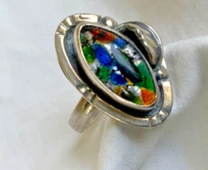 Anello vintage argento sterling 925 ala di farfalla lunetta blu verde rossa misura 9 marquise - Foto 1 di 9