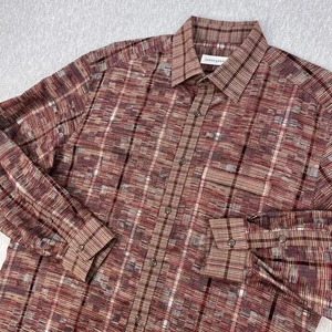 Jhane Barnes Shirt Mens XL Brick Red Abstract Weave Plaid Cotton Snap Collar - Picture 1 of 12