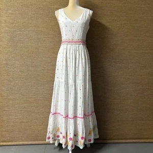 Crown & Ivy Maxi Dress Womens 4 White Cotton Multicolor Embroidery Tie Back - Picture 1 of 14