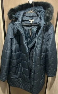 Nueva chaqueta acolchada para mujer Susan Graver verde 3XL capucha extraíble piel sintética - Imagen 1 de 4