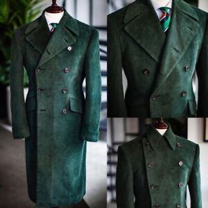 Corduroy Men Suit Overcoat Green Long Blazer Double Breasted Party Prom jacket