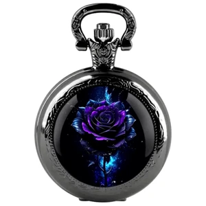 New Purple Rose Quartz Pocket Watch Black Necklace Chain Retro Unique Men Women - Picture 1 of 9