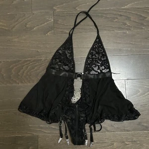 G World Sexy Goth Lingerie Garter Teddy Black Chains Zip Halter Lace One Size - Picture 1 of 11