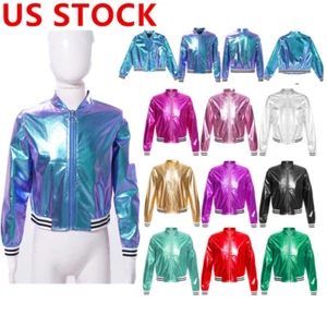 Kids Girls Metallic Bomber Jacket Coat Jazz Hip Hop Street Dance Outerwear - Picture 1 of 93