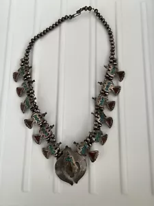 Vtg. Navajo Squash Blossom Necklace w/ Coral & Turquoise Chip Inlay Peyote Birds - Picture 1 of 12