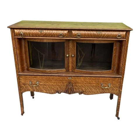 Vintage Antique Brown Oak Arts & Crafts Buffet Server Curved Glass Doors Cover