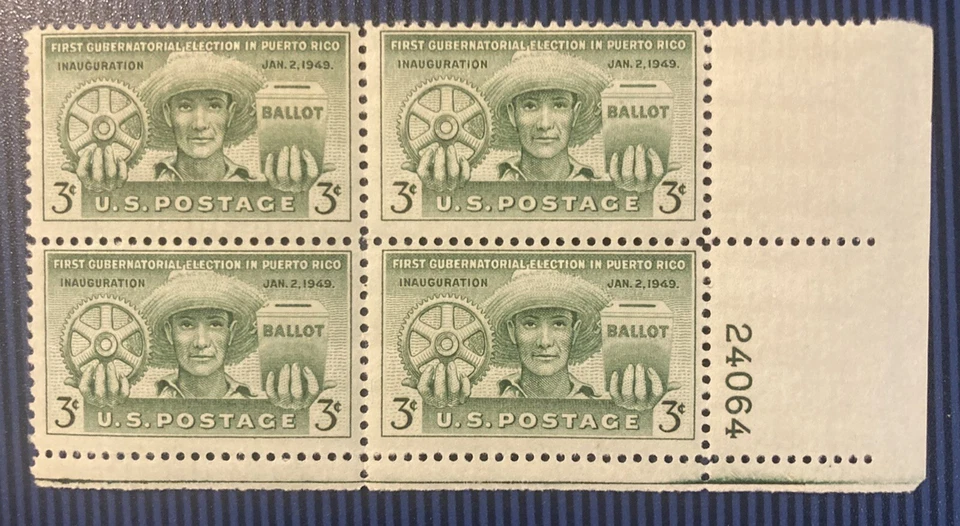 U.S: Plate block of 4 MNH, Puerto Rico first Elections, Issue of 1949 SC #11-983 - Image 1 of 1