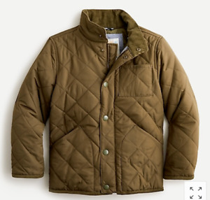 J CREW Boys Jacket S XL QUILTED FIELD Coat Loden Green Winter Zip Snap NWT