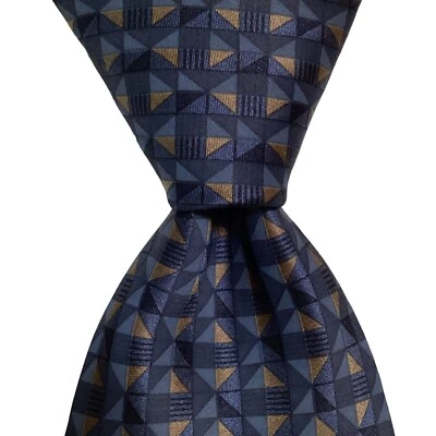 LOUIS FERAUD 男式 100% 真丝宽领带美国设计师几何蓝色/金色二手状况完好 — 第 1/3 张图片