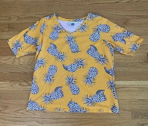 Christopher & Banks Top Women’s XL Yellow Pineapples Vneck Shirt Flaw in Pics - Picture 1 of 7