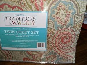 Waverly TWIN PADDOCK SHAWL PAISLEY Sheet Set * AQUA CORAL PERSIMMON - Picture 1 of 6