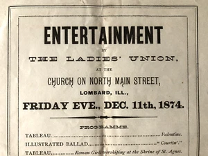 LOMBARD IL 1874 Entertainment Broadside THE LADIES UNION Church on North Main St - Picture 1 of 4