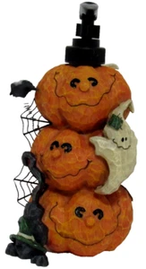 Halloween Pumpkins Totem Black Cat Ghost Spider Webs Soap Dispenser Orange Resin - Picture 1 of 14