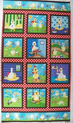 Panel de libro de tela Fabri-Quilt Eggscellent Adventures, 12 bloques, vida de pollo Foto 1 de 4
