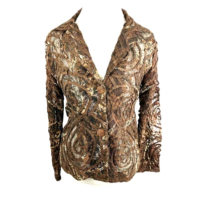 Chaqueta de Encaje Marrón Perejil y Salvia Artística Remolino Burnout Arte para Usar Boho Talla S Foto 1 de 4