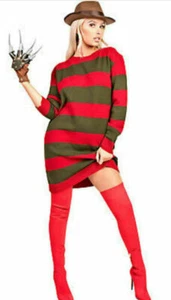Red & Green Striped Fancy Dress Long Jumper Sweater Halloween Party Costume Top - Picture 1 of 2