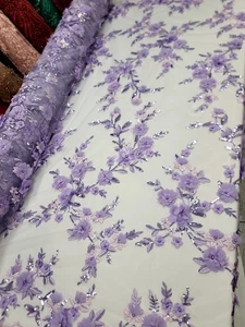 Lavender 3d Lace Fabric Sold By The Yard Embroidery Floral Bridal Quinceañera  - Picture 1 of 12