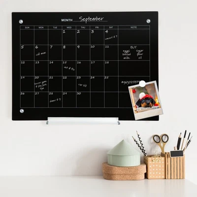 Magnetic Glass Dry Erase Wall Calendar with Markers - Black by Sunnydaze - Image 1 of 4