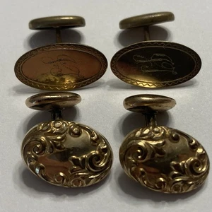 ANTIQUE c.1920 GOLD FILLED CUFFLINKS MENS LOT OF 2 PAIR SWIRL FLAT W/ MONOGRAM - Picture 1 of 4