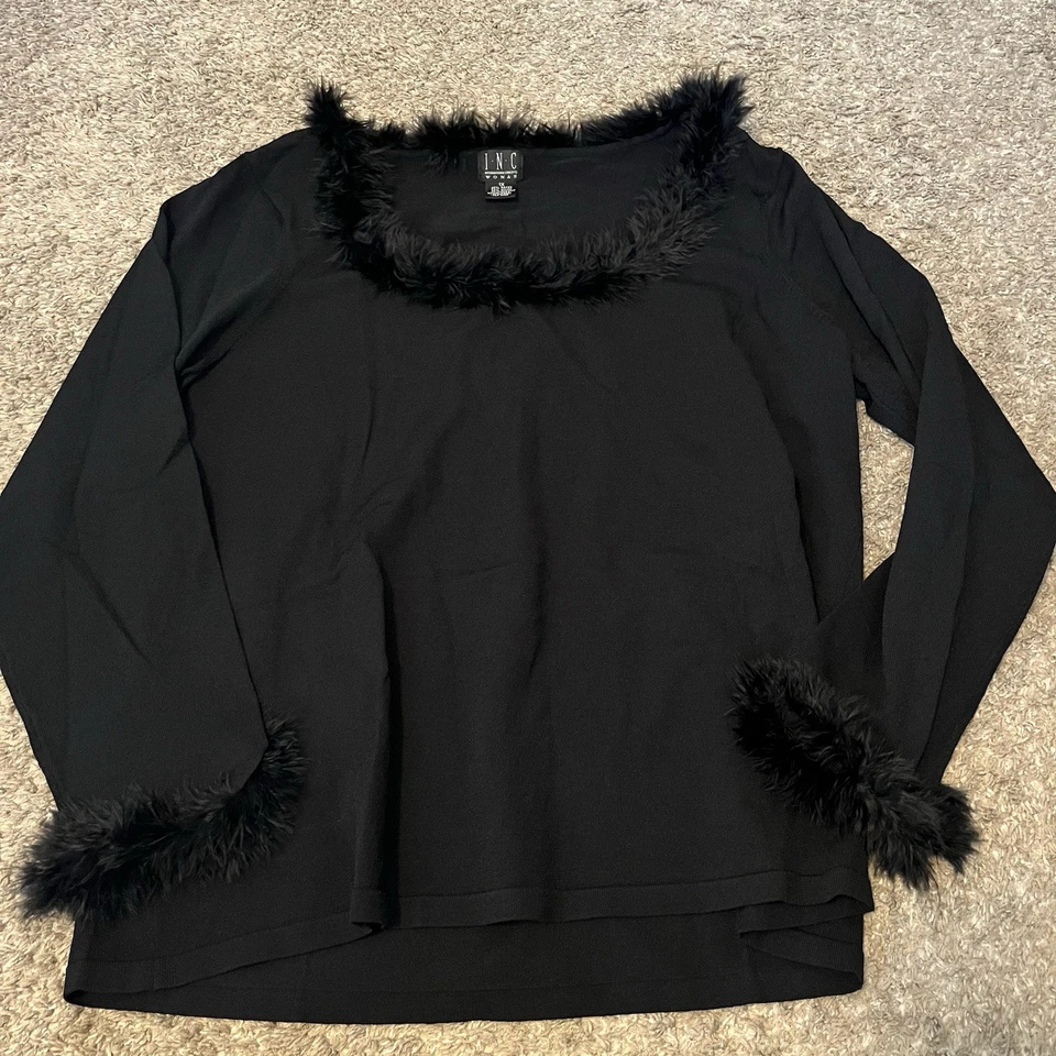 Vintage International Concepts Womens Top 1X Black Faux Fur Trim 90s Y2K - Image 1 of 4