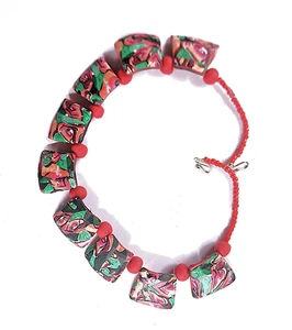 Handgefertigte Polymer Clay Halskette/Himbeere-Rosa, Lila & Grün - 18" Länge - Bild 1 von 4