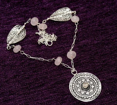 925 Silver Plated Exclusive Citrine Rose Quartz Beaded Necklace 21" AU L542 - Image 1 of 3