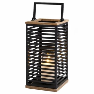 Metall Laterne 35cm mit Griff & Glaseinsatz, Schwarz, Holz Details, Outdoor Deko - Picture 1 of 3