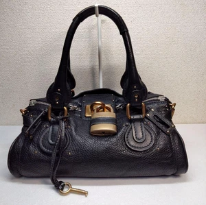 CHLOE Paddington Cadena Padlock Key Boston Bag Leather Hand Bag Black - Picture 1 of 10