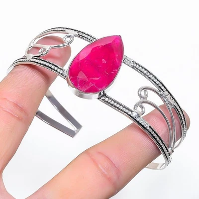 Ruby(Simulated) Gemstone 925 Sterling Silver Cuff Bangle Adjustable Gift n493 - Image 1 of 4