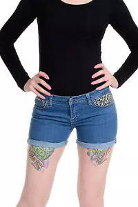 DAMEN RETRO VINTAGE NEU BLAU STRETCH DENIM LEOPARD VERKLEIDUNG HEISSE HOSE - Bild 1 von 3
