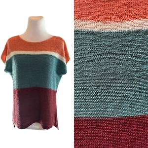 Loft S Acrylic Teal Maroon Orange Wide Stripe Sleeveless Knit Tunic Sweater Top - Picture 1 of 8