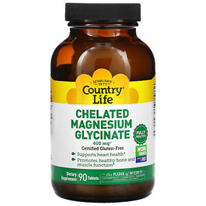 Country Life Chelated Magnesium Glycinate 400 mg 90 Tablets Gluten-Free, GMP