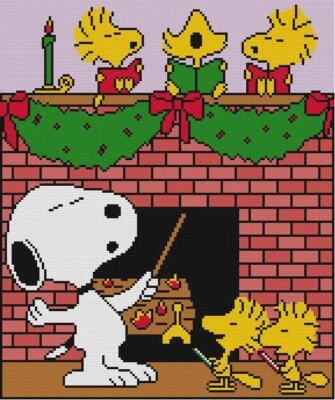 CROSS STITCH+ CRAFT PATTERN Snoopy Beagle Woodstock Christmas Carols Fireplace - Image 1 of 4