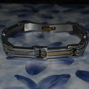 Dolly-Bijoux Homme Bracelet Acier Semi-Rigide Filigrane Grec en Plaqué Or 18K - Picture 1 of 2