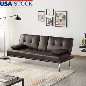Luxury Faux Leather Futon Sofa Bed W/ Cupholders & Pillows Water-Resistant New - Picture 1 of 9