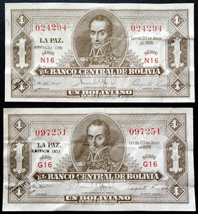 Lote de 2 billetes de Bolivia 1928 1 boliviano - Imagen 1 de 2