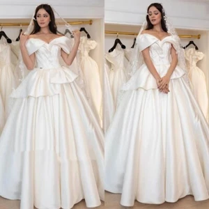 Satin Wedding Dresses Off Shoulder Simple A Line Vintage Ruffles Bridal Gowns - Picture 1 of 9