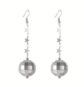 Disco Mirror Ball Earrings Silver Retro Rave 70s 1970’s Costume Jewellery - Picture 1 of 1