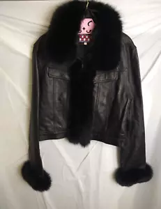Womens JULIO JULIO Sportdeportivo Sz L Black Leather Coat Jacket Fox collar Goth - Picture 1 of 8