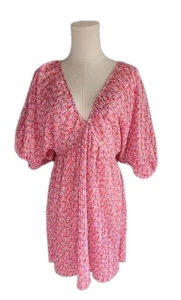 Zara Micro Pleat Plunge Babydoll Dress Floral Print Statement Puff Sleeves Med - Picture 1 of 6