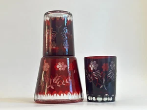 Böhmische Rubinrot Schliff auf Klar Tumble Karaffe & 2 Tumbler Gläser - Bild 1 von 14